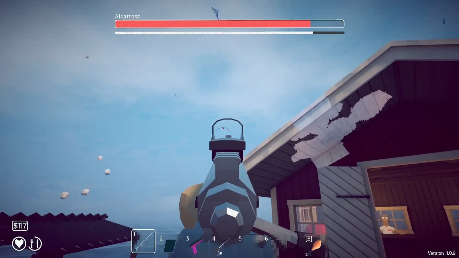 Rifle sight aimed at the airborne Albatross beside the shop roof, with boss health bar overhead.