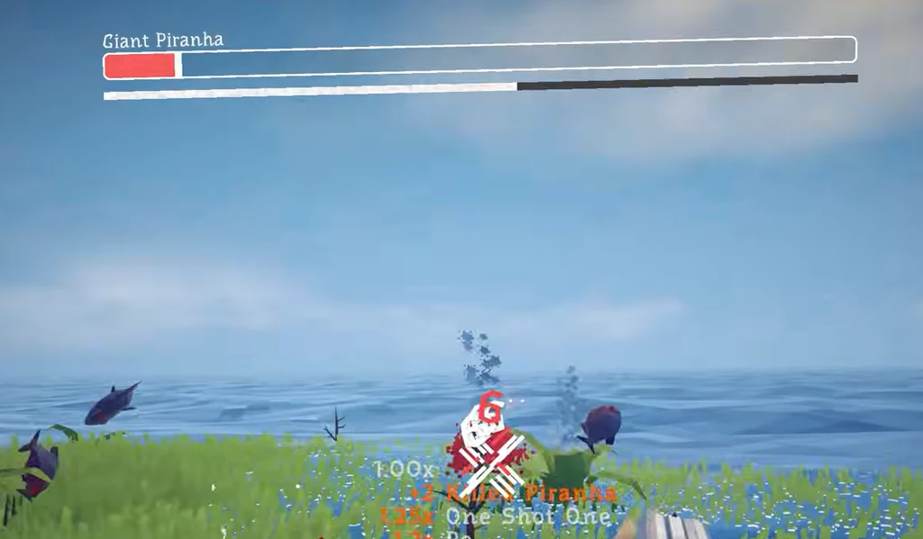 Piranha kill feedback and One Shot multiplier; Giant Piranha health bar visible.