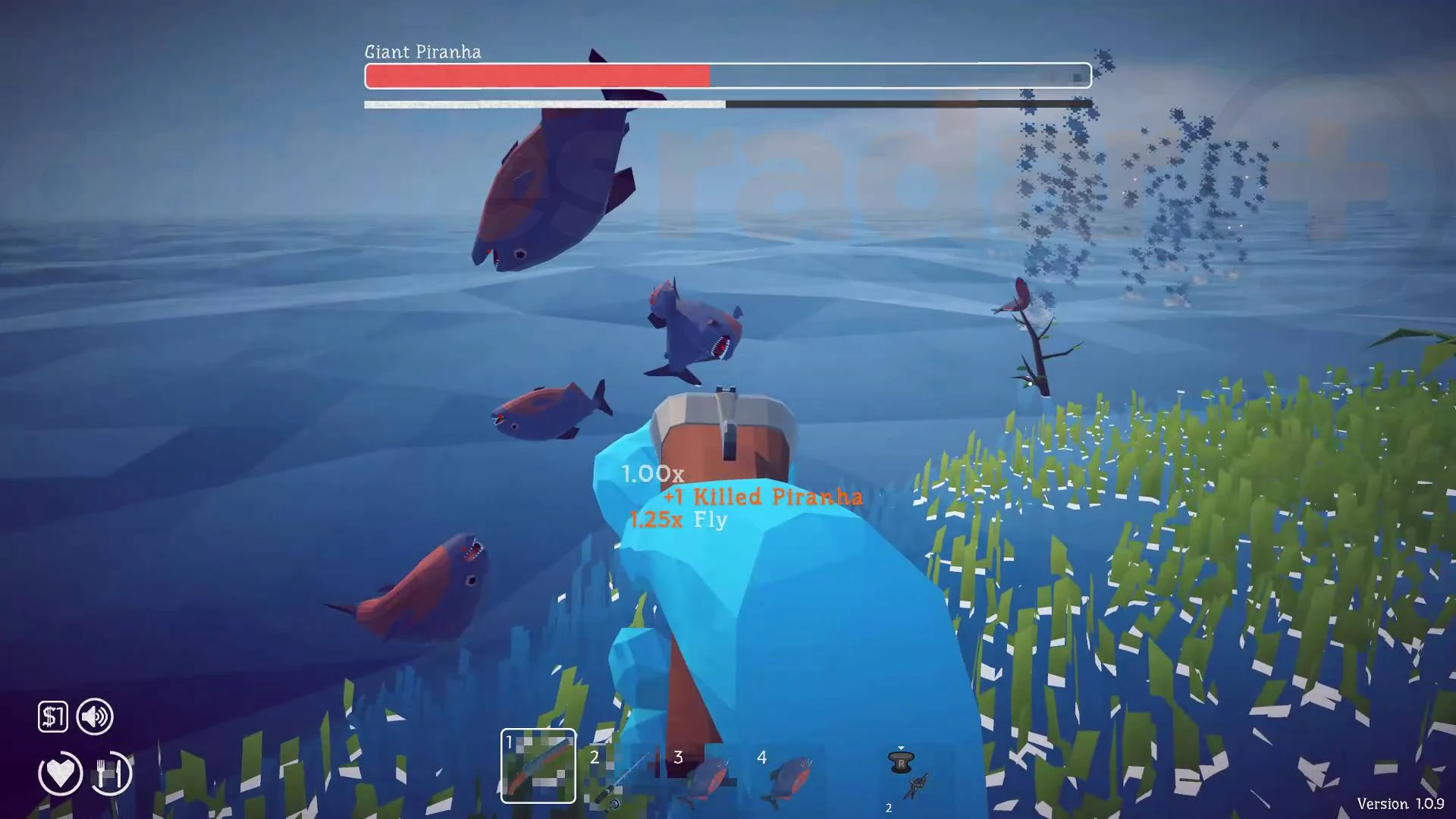 Several small piranhas during the Giant Piranha fight; Killed Piranha feedback.