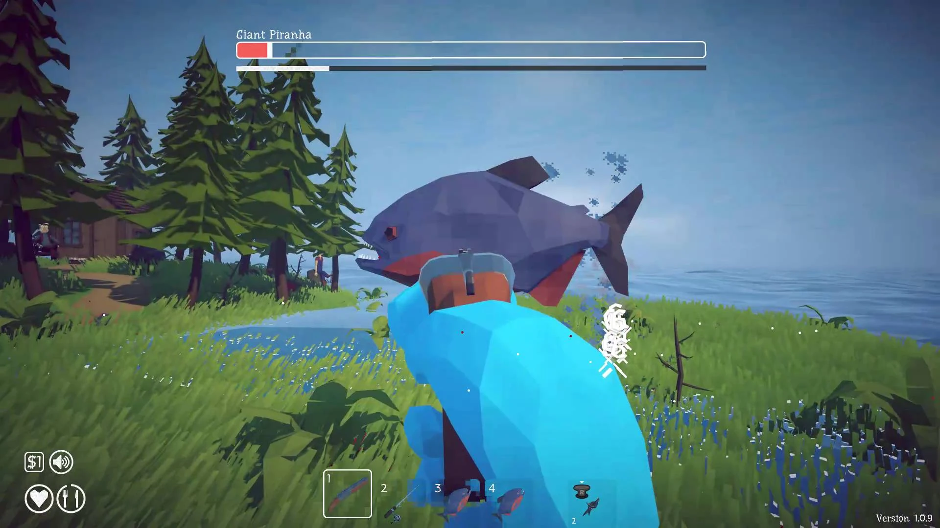 Giant Piranha health bar and aimed shotgun on Forest grass.