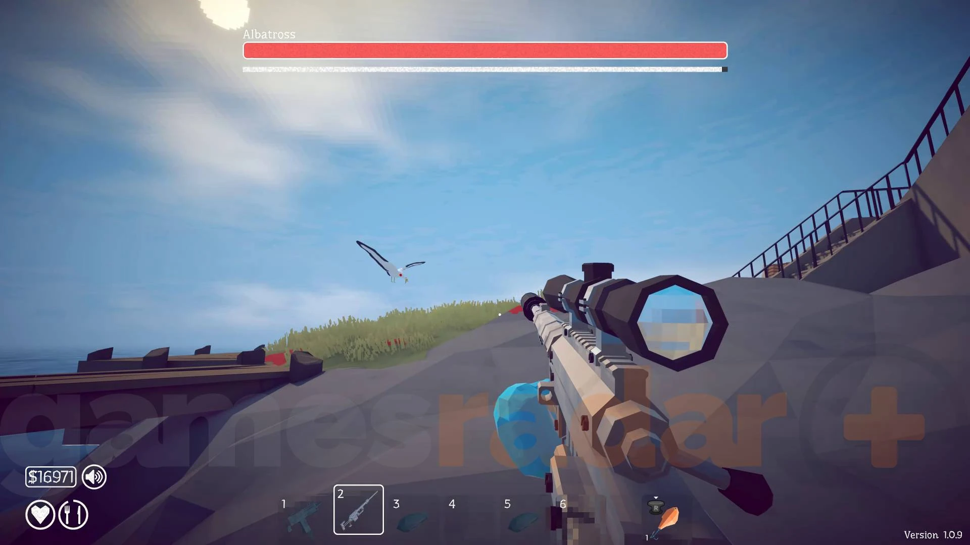 Albatross flying over Rocks with named health bar