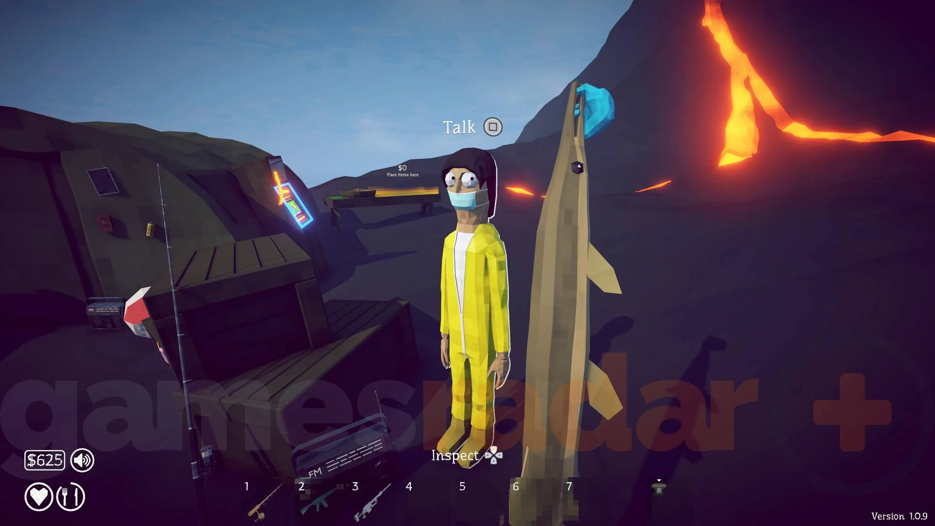 Yellow-suited Scientist with military tents and lava nearby