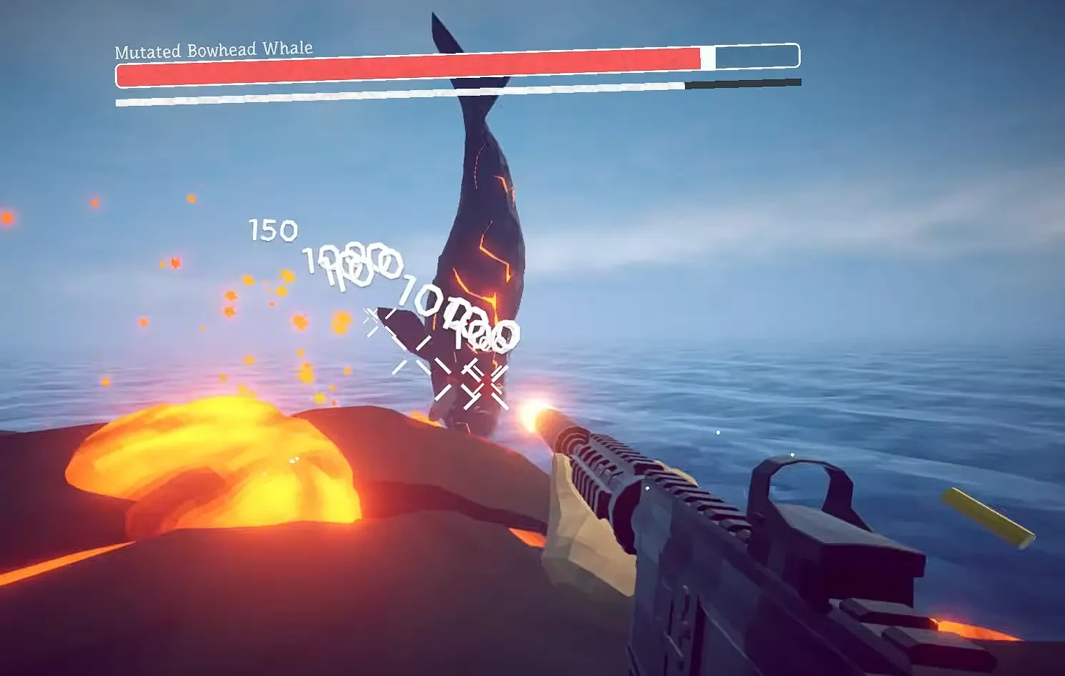 Mutated Bowhead Whale health bar above glowing whale and lava