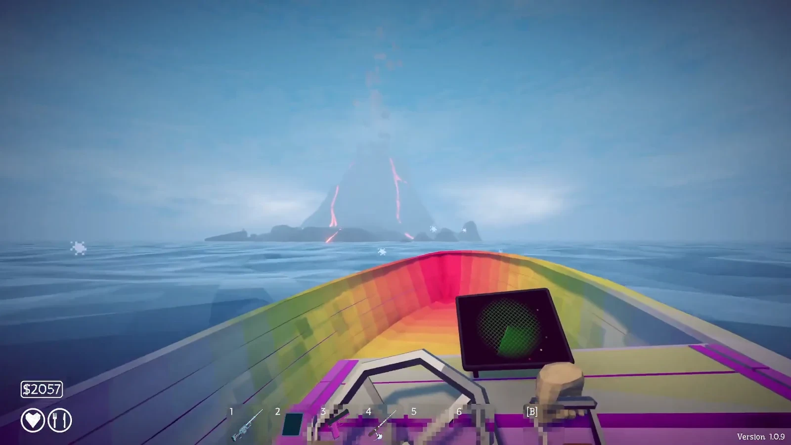 Lava-covered volcanic island ahead of a boat